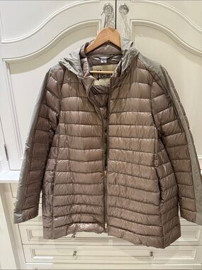 Herno Taupe and Light Gray Hooded A-Line Puffer Jacket